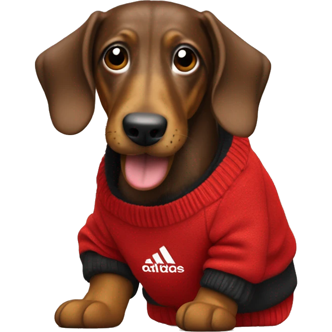 Dackel mit einem roten Adidas Pullover der sich freut emoji