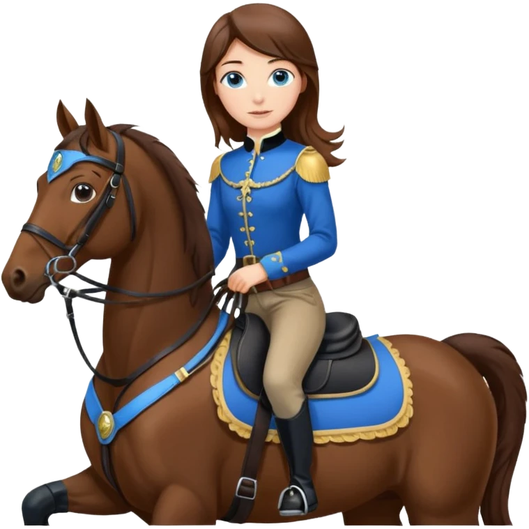 A brown hair, blue eyes girl riding a bay horse with black saddle and bridle emoji