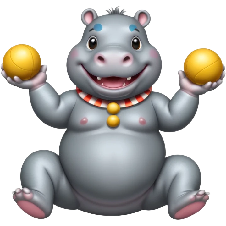 a Circus cute hippo juggling two metal ball emoji
