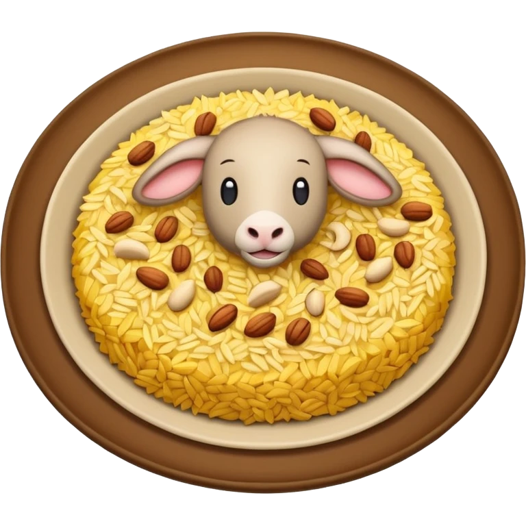 "Emoji of a Jordanian Mansaf dish — round platter with golden rice, lamb pieces, nuts on top, simple cute cartoon style, clean lines, white or transparent background." emoji