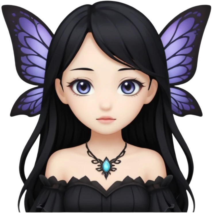 Gothic anime fairy with long beautiful black hair and black dress, pastelcore, emoji