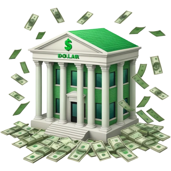 A bank building with dollar bills falling out of it emoji