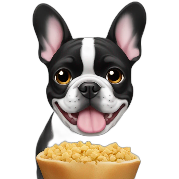 black and white French bulldog eating emoji
