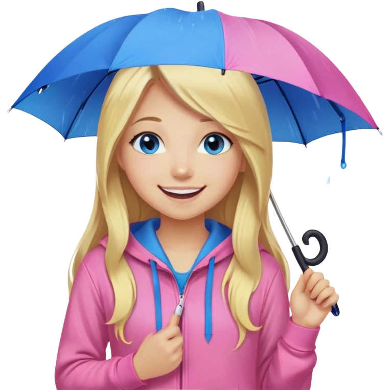 Cinematic realistic emojis in the form of a blonde girl with a joyful smile, long hair, blue eyes, wearing a pink hoodie, holding an umbrella over her from the rain emoji