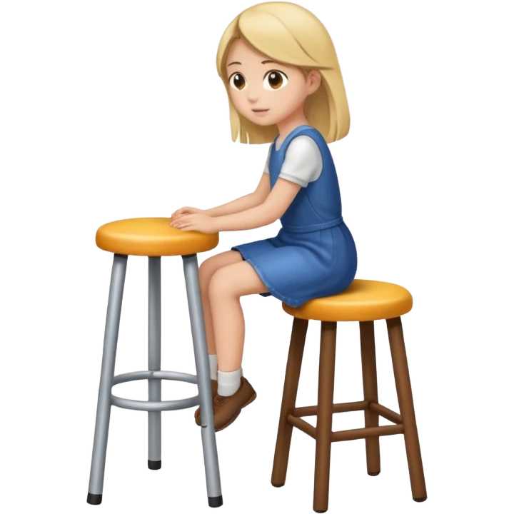 a girl is sitting on a stool and she is seeing and facing toward left side emoji
