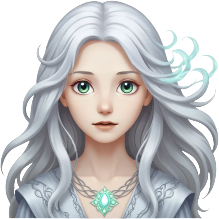 White silver Long Haired Women, Mystic seer — hair floating, glowing eyes emoji