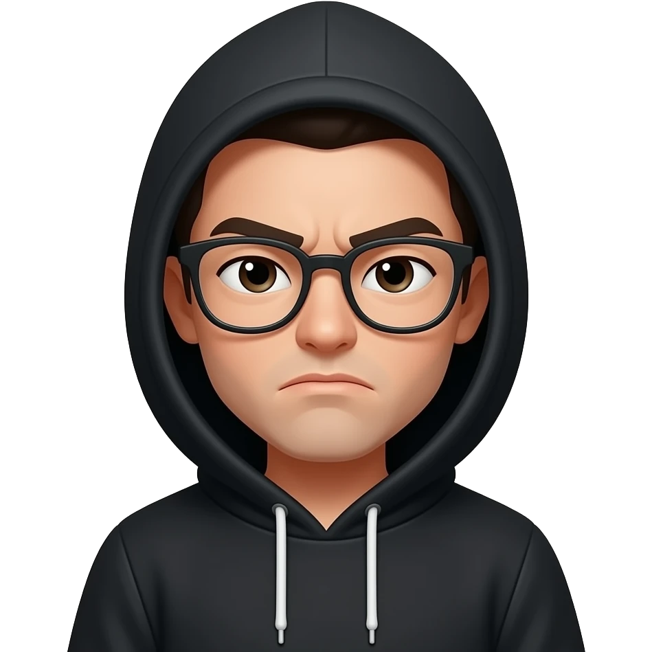 Black hoodie, hood down, both eyes squinting, glasses and a frowning face. emoji