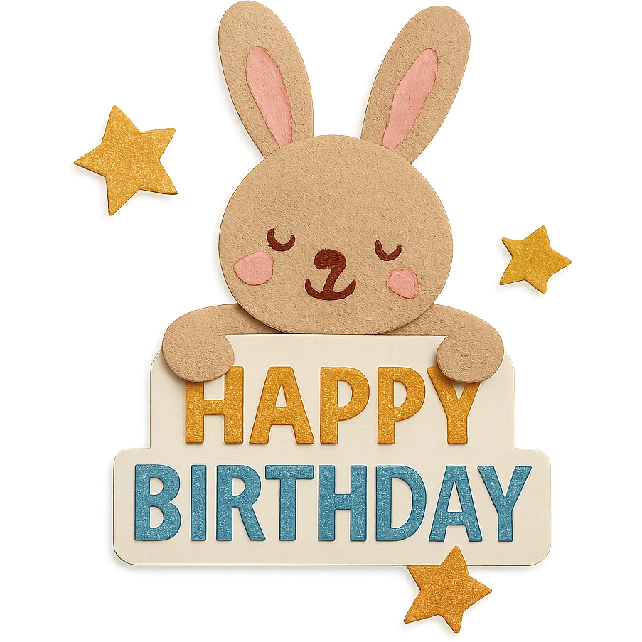 bunny hugging "Happy Birthday" letters with stars, paper-craft style emoji