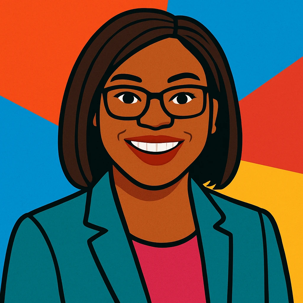 Kemi Badenoch, smiling, wearing a blazer, vibrant toon style emoji