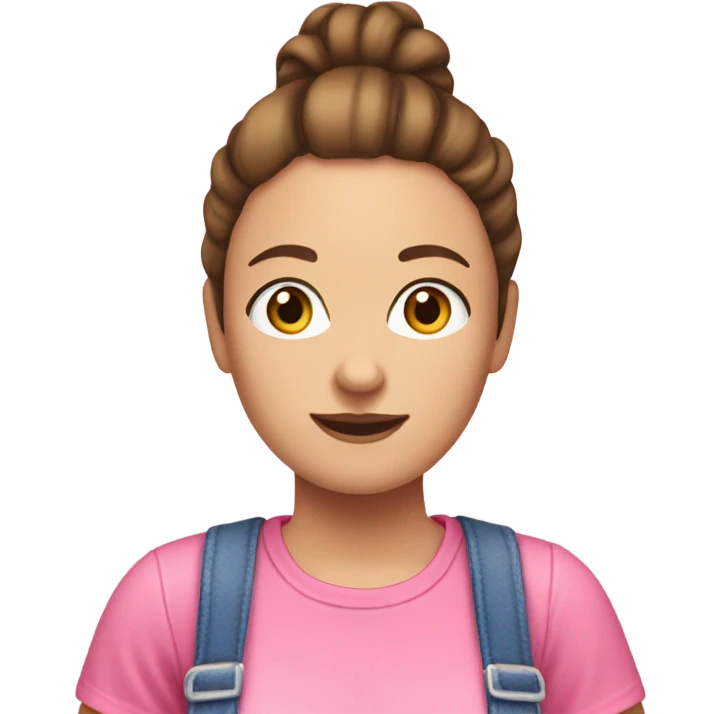 A white woman with brown hair in pony tail wearing pink headband, pink t shirt and overalls  emoji