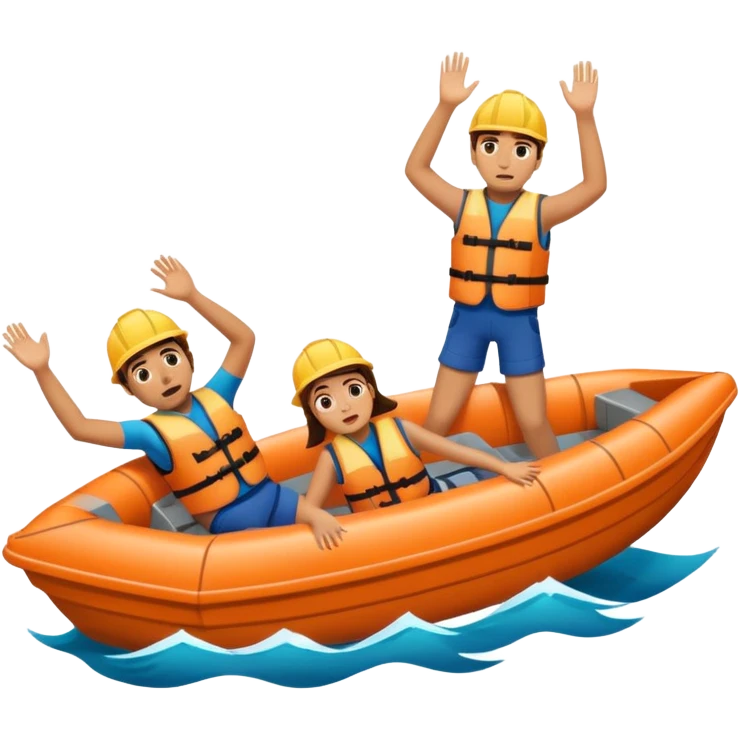 a boat sinking, upside down, with 2 people sitting on top trying to stay afloat. emoji