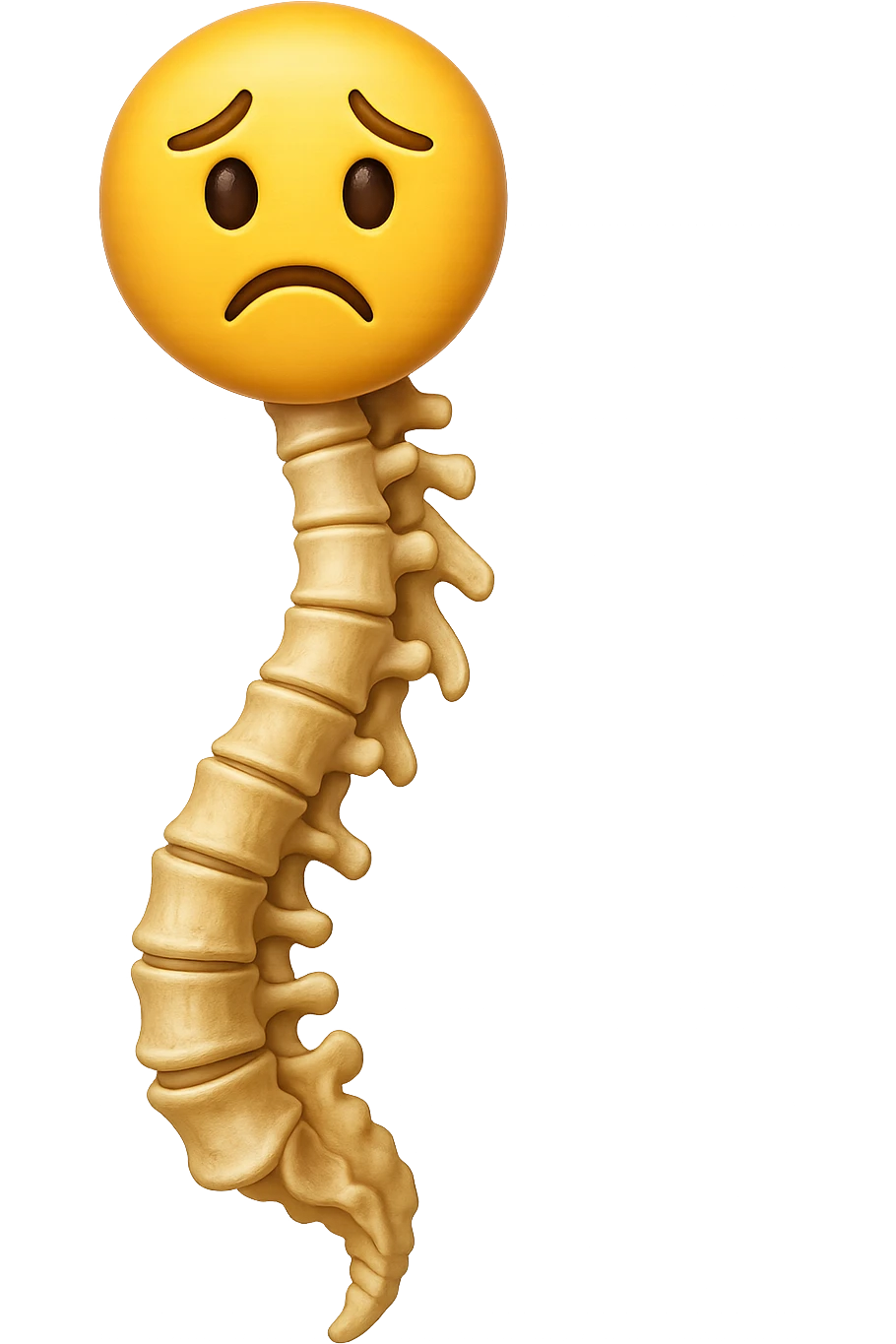 emoji stile iphone di una spina dorsale storta con espressione triste, iperrealistico 4k, isolato su sfondo bianco emoji