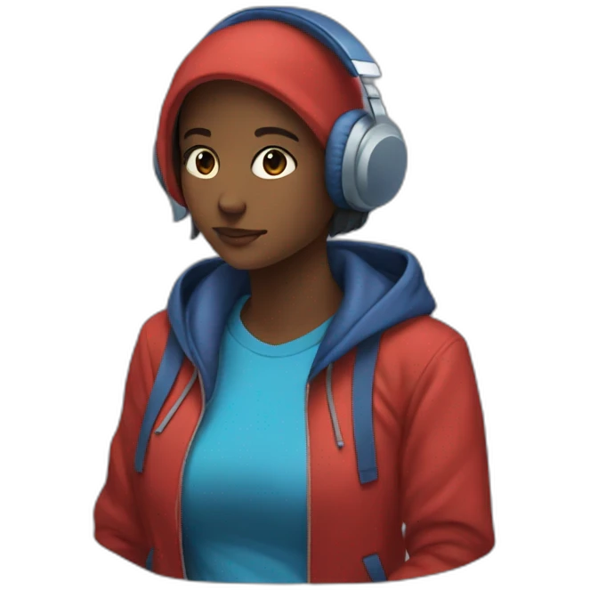 Lo-fi girl studing headphones, blue jacket, red hoodie emoji