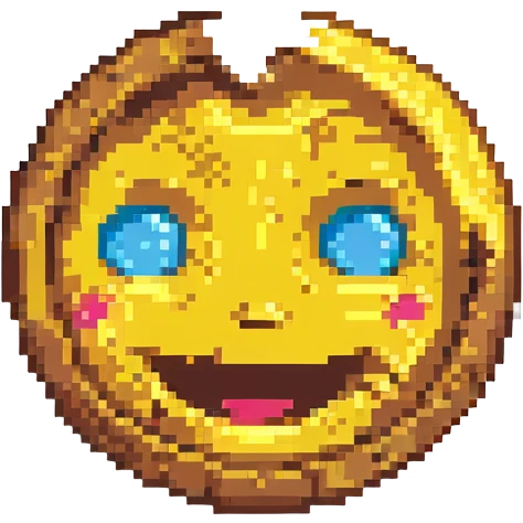 a cracked or damaged emoji face, laughing joyfully, pixel art style emoji