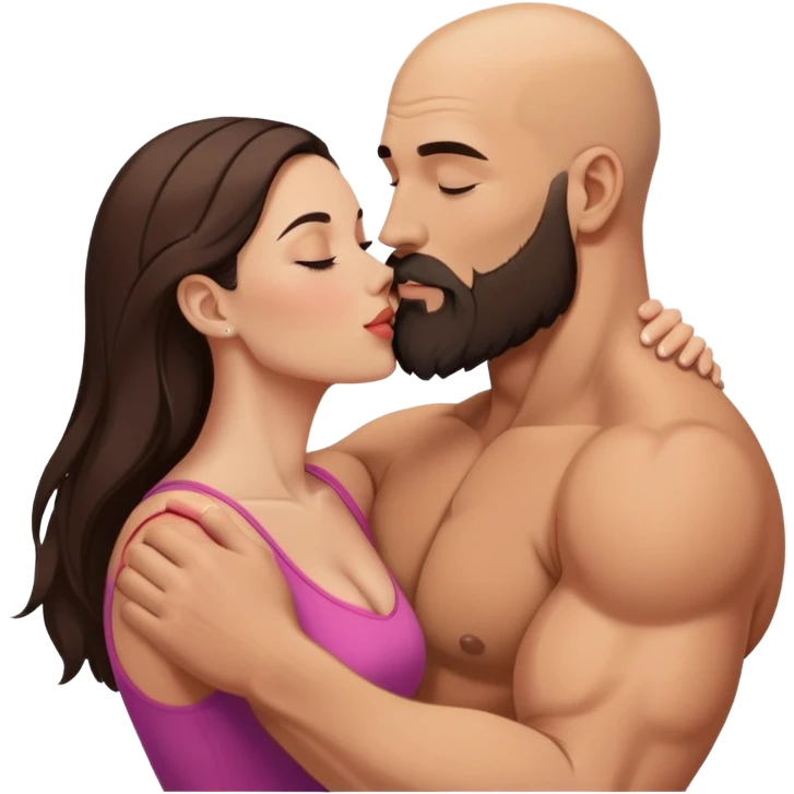 Muscular Bald man with a beard intimately kissing his young brunette wife  emoji