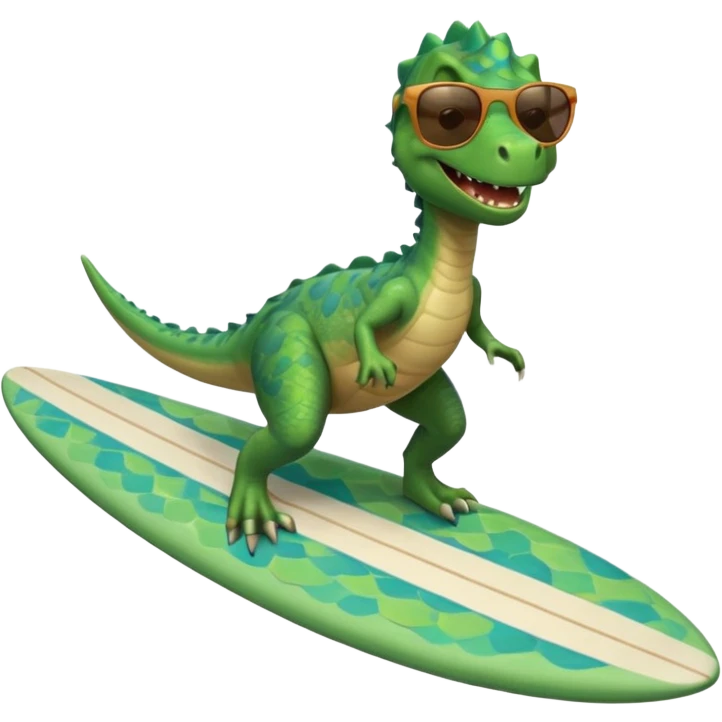 smiling dinosaur riding a surfboard emoji