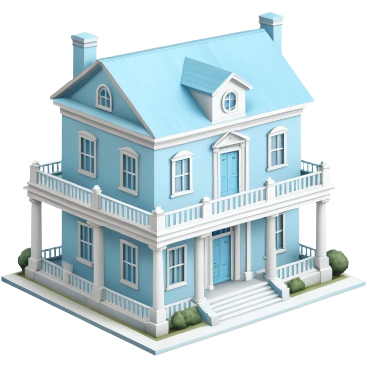 Light blue sorority house mansion, southern, isometric dollhouse-style, realistic emoji
