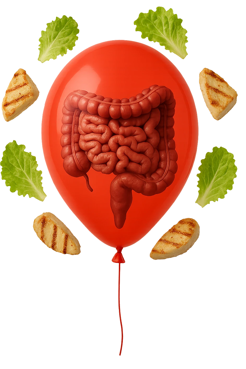 intestino anatomico realistico chiuso in un palloncino rosso e foglie di insalata e petto di pollo grigliato che fluttuano intorno emoji