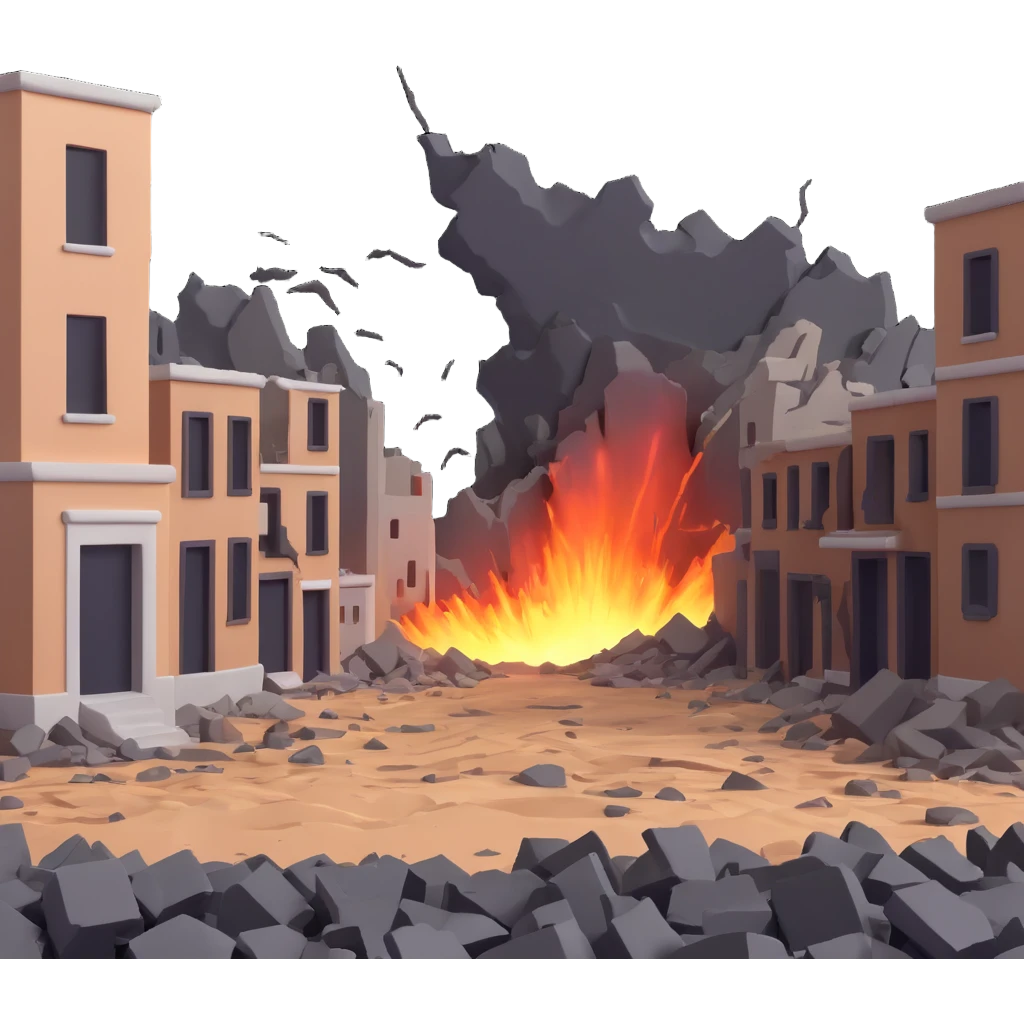 An earthquake shaking the ground, with cracked earth, falling buildings, and people in panic emoji