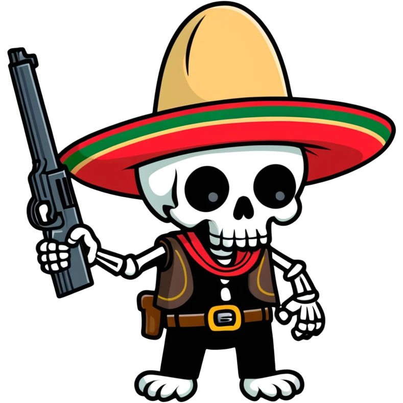 skull wearing mexican hat with a gun emoji