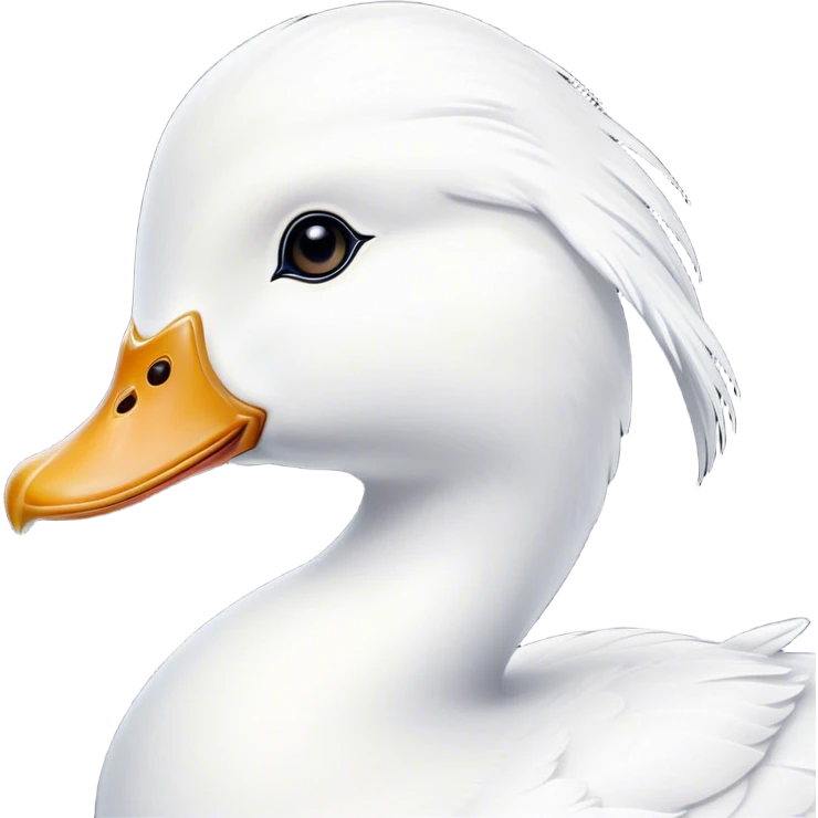 Cinematic Noble White Duck Portrait Emoji, Poised and regal, with a sleek, streamlined build and a pristine, well-groomed pure white plumage, deep-set soulful bright eyes, Simplified yet sharp and sophisticated features, highly detailed, glowing with a soft, dignified glow, high shine, intelligent and graceful, stylized with an air of aquatic elegance, focused and attentive, soft glowing outline, capturing the essence of a watchful and confident waterfowl, so majestic it feels as though it could glide out of the screen with effortless authority! emoji
