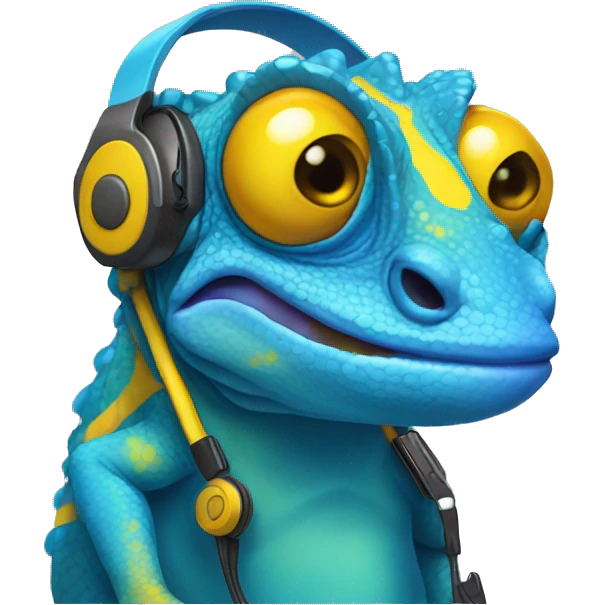 blue chameleon with yellow spots and headset emoji
