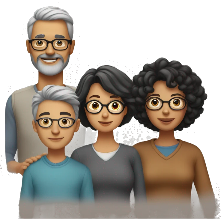 Familiy Group. Dad with grey short hair. Mother with brown shoulder long hair. Son with shorter black hair and beard. Everyone is wearing glasses emoji