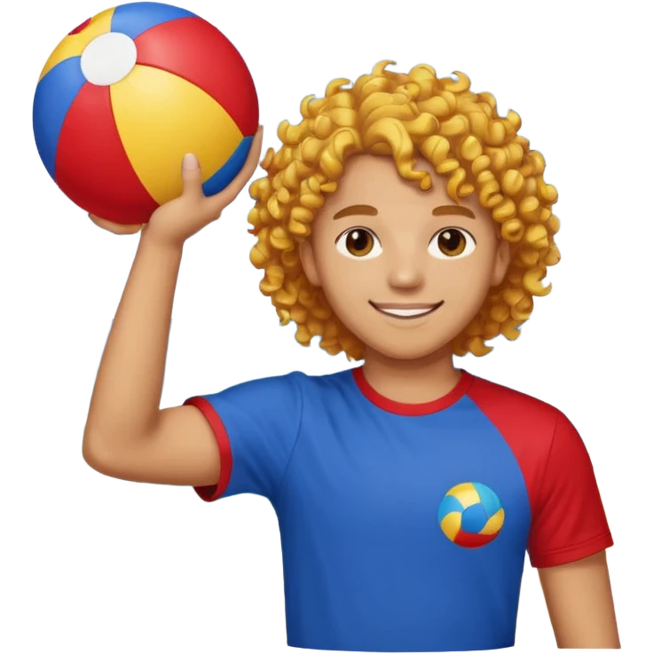 una persona de 18 años marron clarito con el pelo amrillo rizado con una camiseta roja y azul con un logo circular dorado y levantando un balon de playa emoji