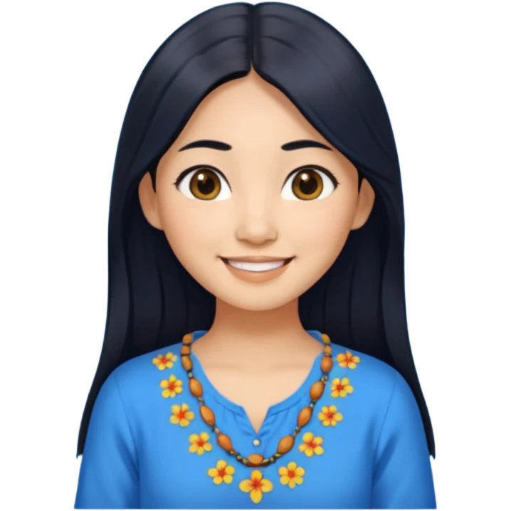 30 yr old asian woman center parted hair big eyes big smile tanned skin straight black hair hippie part hair blue blouse emoji