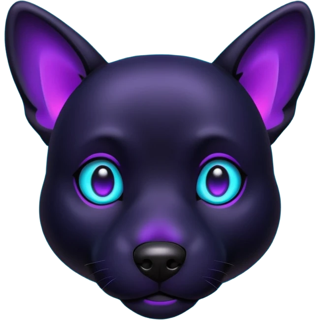 futuristic glowing black dog emoji, neon cyan eyes, purple #8B5CF6 highlights, tech minimal style, dark background emoji