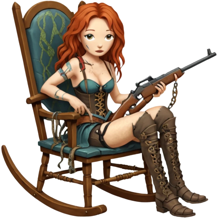 solarpunk ultra HD old and tired Tori Amos casually crouches on a rocking chair in a torn corset, holding a lintlock double-barreled rifle and with muddy feet. a bronze snake wrapped itself around the chair emoji