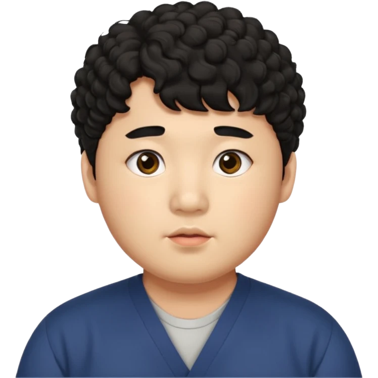 a Korean man in 20s with a curly hair and bangs, chubby cheeks, big monolid eyes , dark eyebrow, emoji
