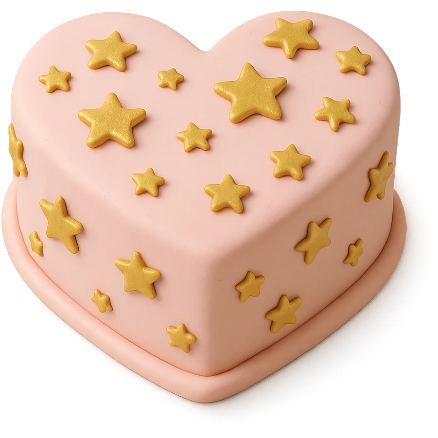 heart-shaped fondant cake with edible gold stars emoji