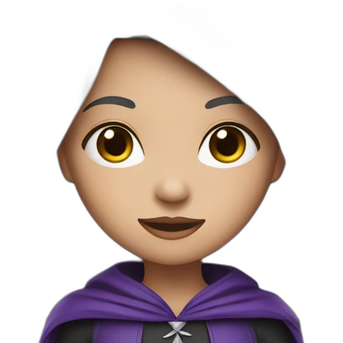 a young white brown thin girl with straight black hair dressed as a purple witch emoji