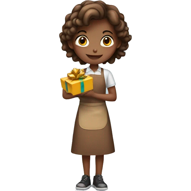 girl in brown apron with gift emoji