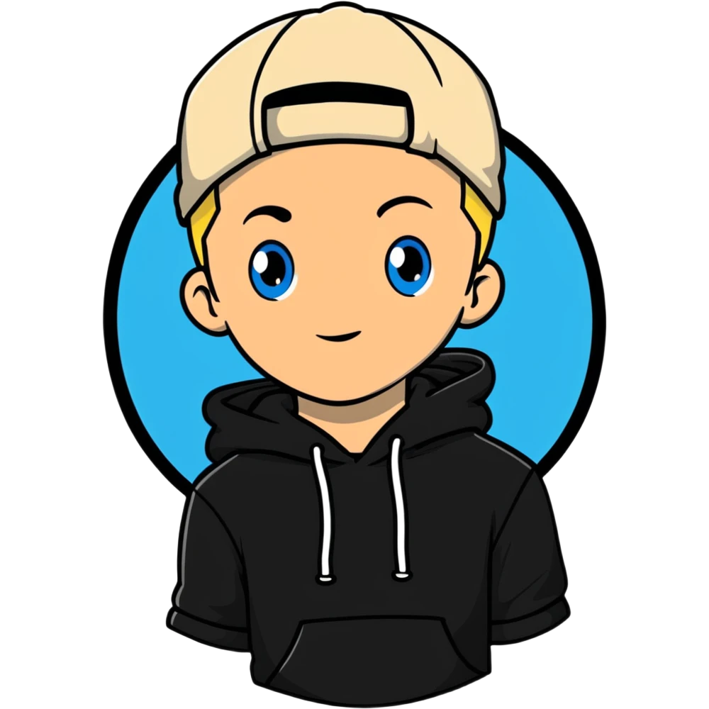 young man with short blonde hair, blue eyes, light skin, dark cap, dark hoodie over a "SAVAGE" t-shirt, white outline sticker effect emoji