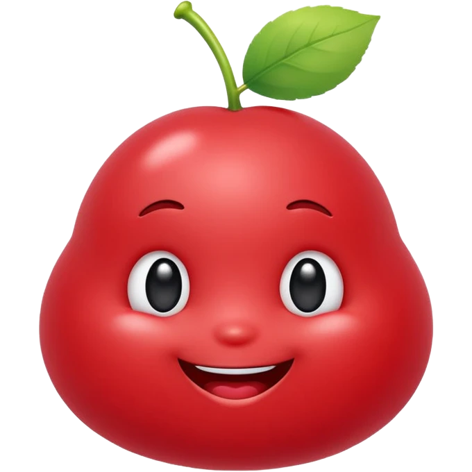 Cute round emoji mascot, shaped like a soft blob or jellybean, with two expressive eyes and a happy or clever smile. Entire body is colored in a warm cherry red (#e84a5f style), with no outline. Minimal facial features. Simple, friendly, and modern emoji-style character. Clean white background. emoji