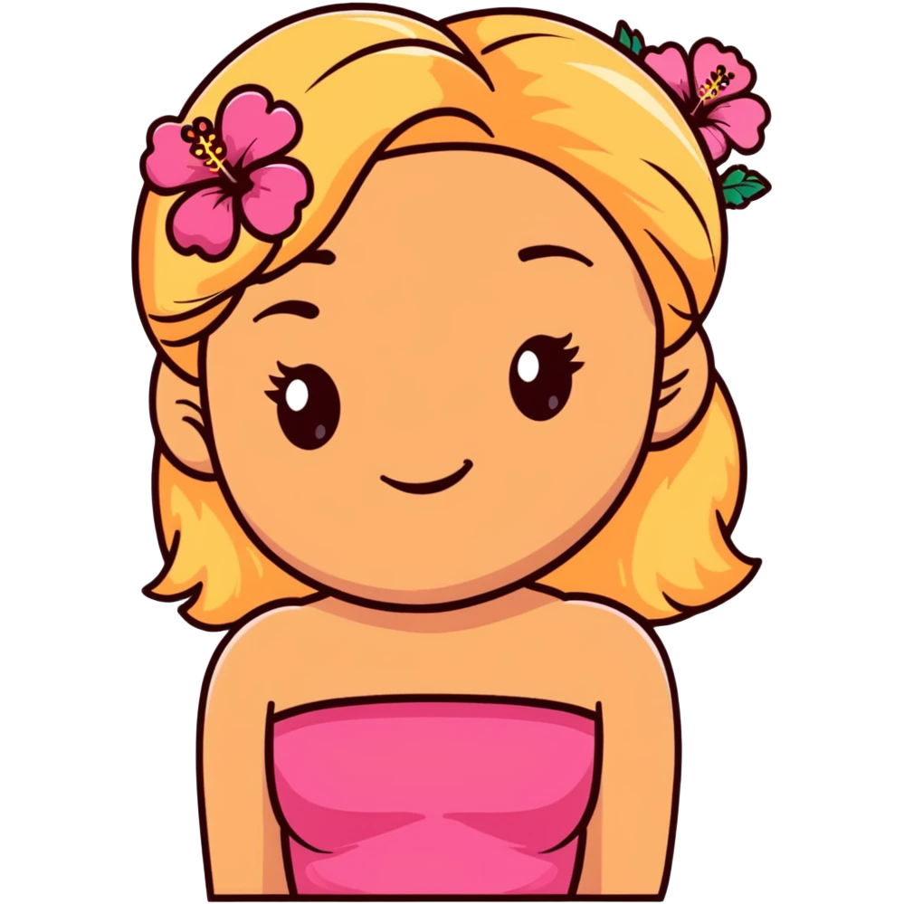 tan girl with blonde hair and brown highlight streaks with a hibiscus flower in her hair wearing a pink tube top with tan lines showing emoji