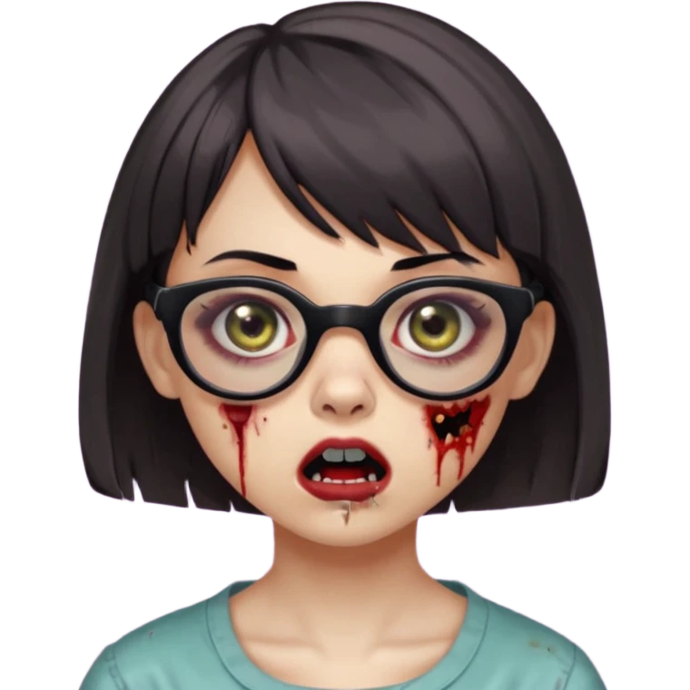 faça uma menina zumbi,com o cabelo curto,até o pescoço,franja,óculos pretos médios,olhos escuros,boca meio aberta e alguns machucados pelo rosto emoji