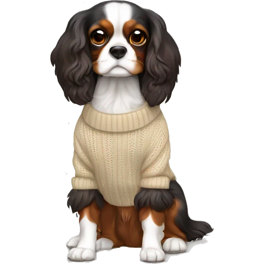  King Charles Cavalier Spaniel tricolor with a beige winter sweater emoji