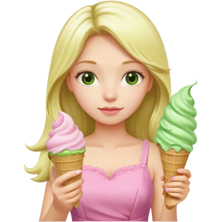 girl blonde long hair in pink dress,  holding matcha ice cream emoji