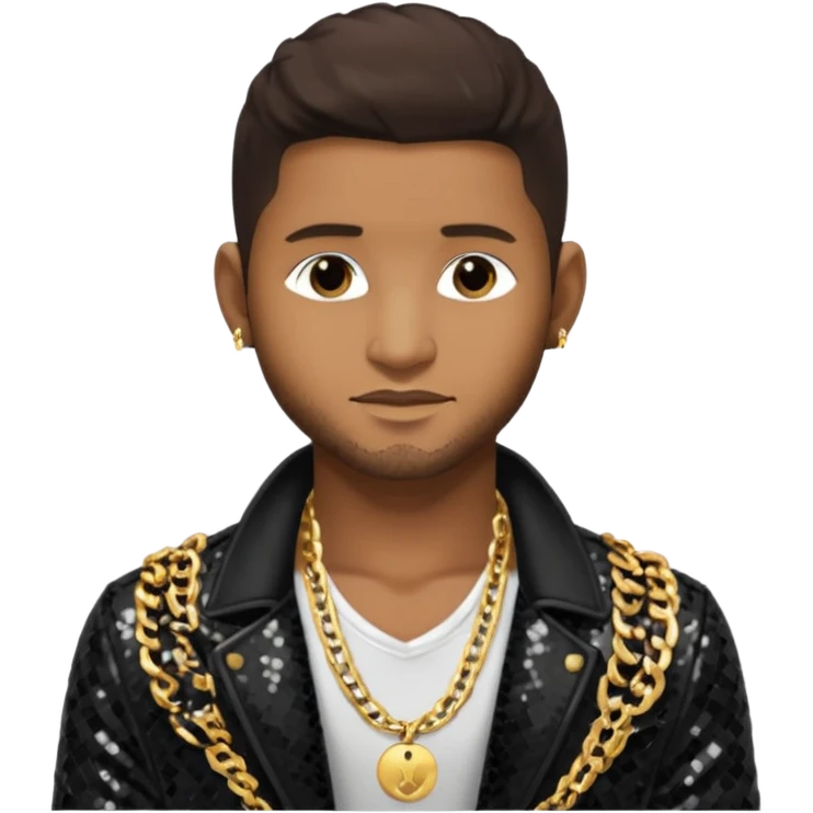 Usher with dark brown hair, black sequin jacket, shirtless with necklace  emoji