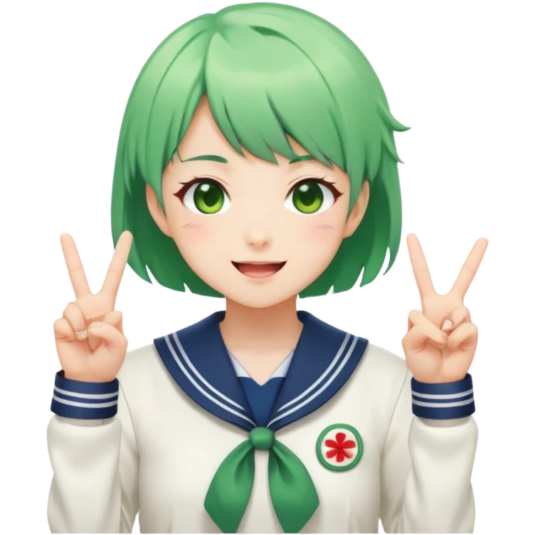 Energetic anime girl with short green hair wearing Japanese sailor style school uniform, winking and making double peace signs, very cheerful and bubbly, kawaii style emoji