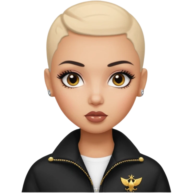russian features, blacky buzz cut, beauty,  hair, light skin,  hazel eyes, pretty eyes, black eyeliner, pretty bratz baddie  emoji