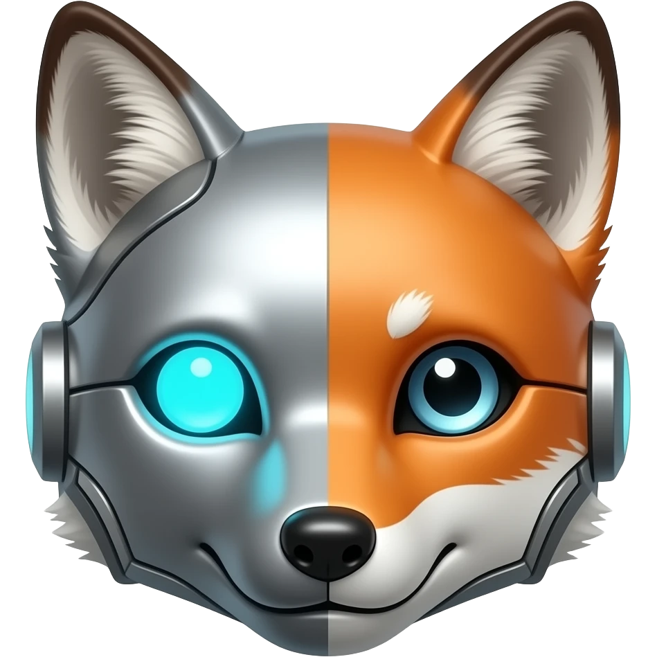 A fox robot only showing his head and half face cyborg emoji