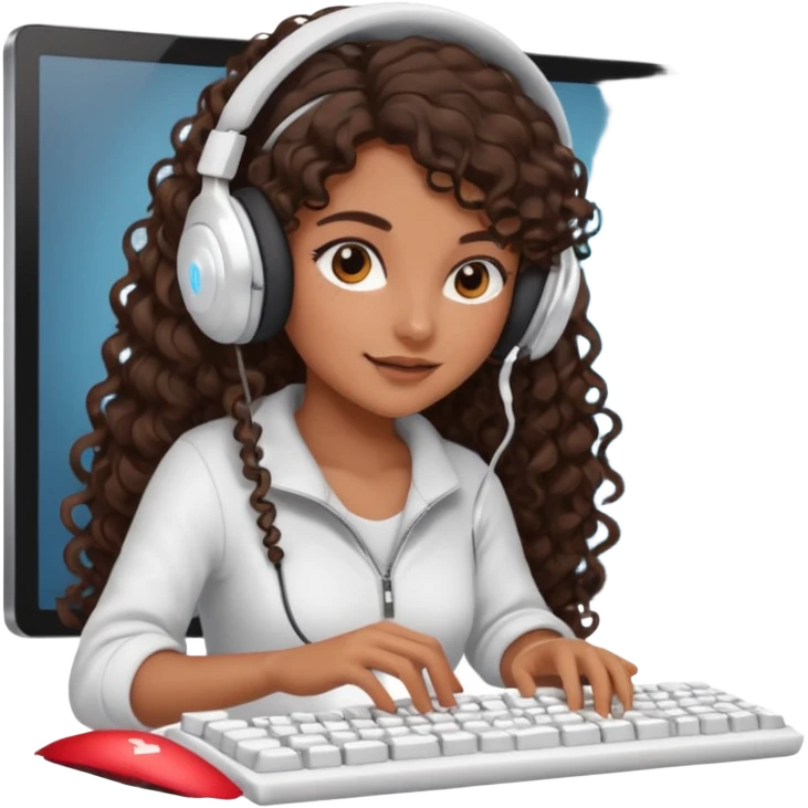 Brown skin Spanish girl with long dark curly hair, wearing a white gaming headset and playing on keyboard with a gaming mouse in one hand emoji
