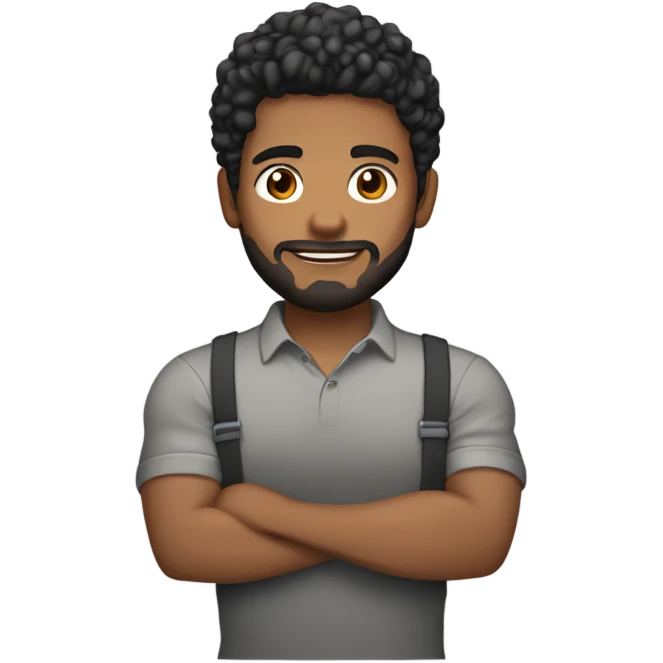 men holding his computer in hands. light brown skin men with curly black hair, dark brown eyes, little grown beard. little bit muscular. dressed casual. round face. emoji