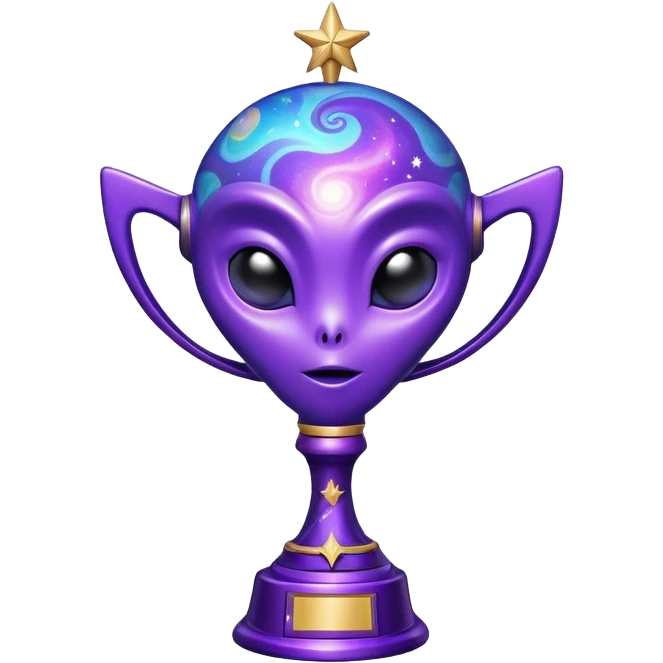 An alien trophy with cosmic colors, deep purples and blues, galaxy swirls, and tiny stars embedded in the design emoji