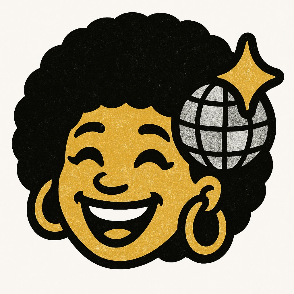 Create a 1970s disco emoji of just the head of a female African American, inspired by the references, using only gold, silver, black, and white. Show a big smile, afro hairstyle, and disco accessories in these colors, in a vibrant pop colors style. emoji