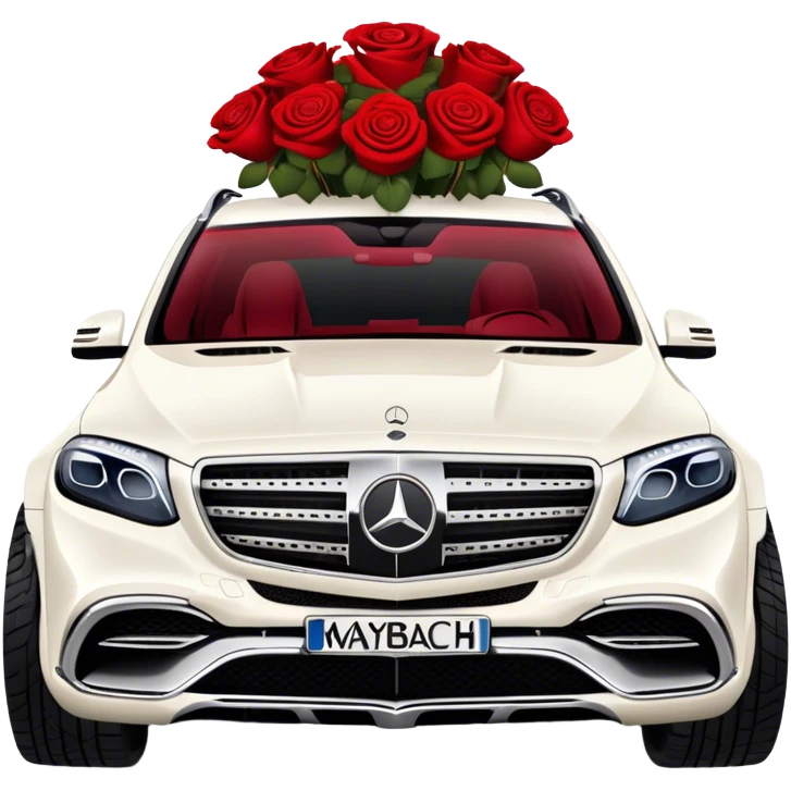 Side angle of White Mercedes Maybach GLS 600 with red roses on the front hood emoji